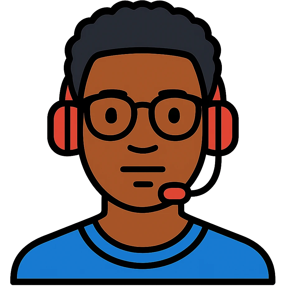 Add a headset to the young African man with eye glasses, keep the original style and transparent background. emoji