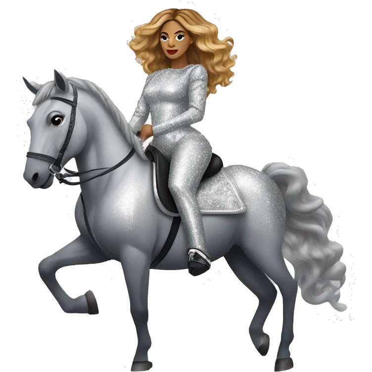 beyoncé in a silver outfit riding on a silver sparkly horse emoji