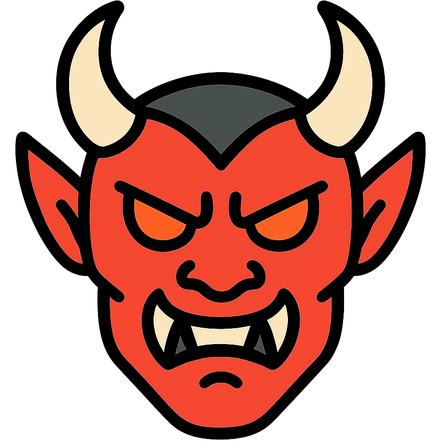 Akuma logo, demon face with red glowing eyes, fierce expression emoji