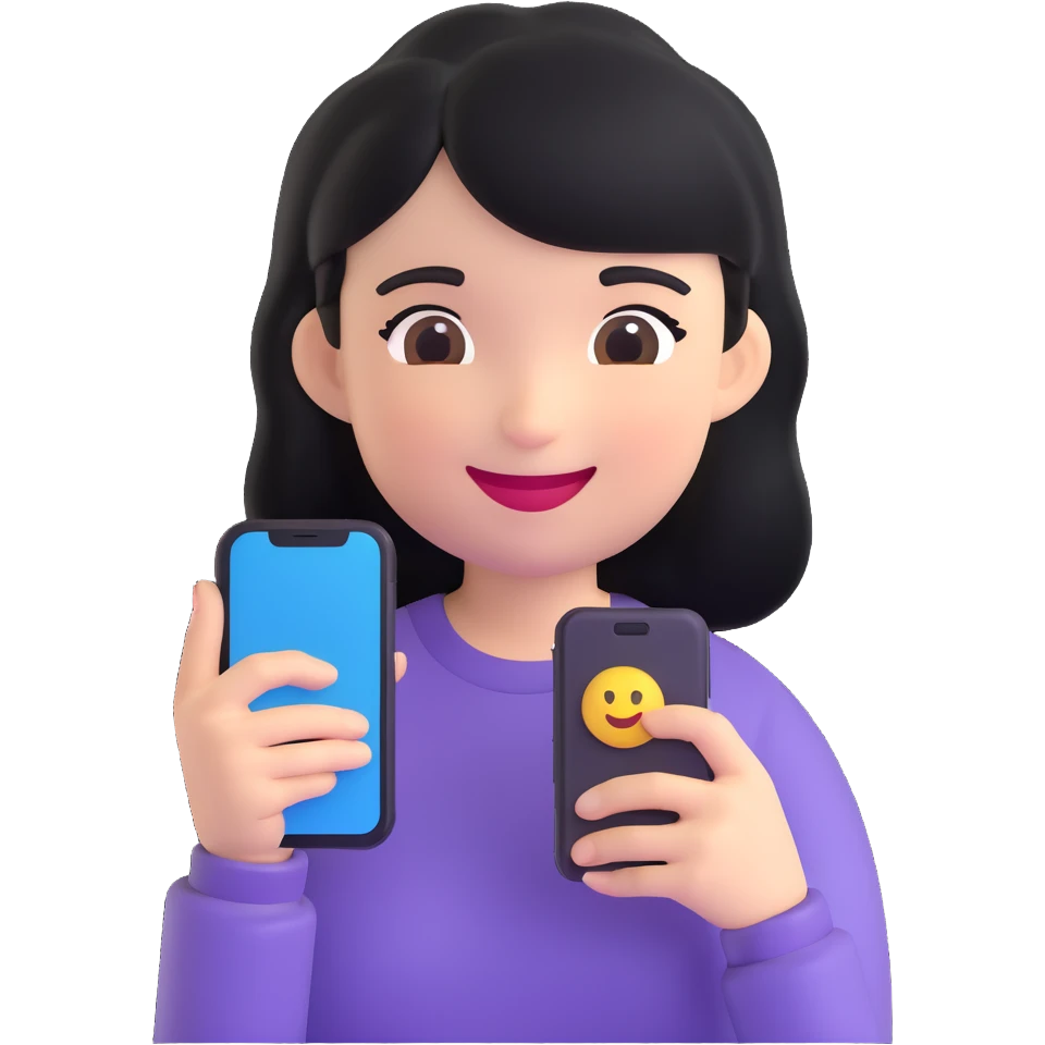 girl holding a smartphone, smiling, emoji style, with black hair emoji