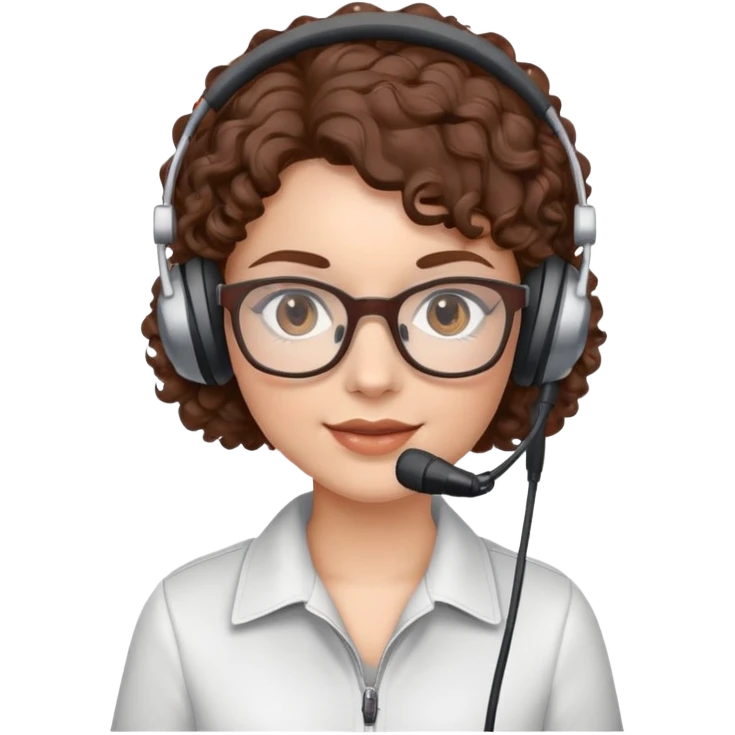 White female  Brown curly hair  Dark brown eyes  Small Square glasses  Headset with microphone emoji