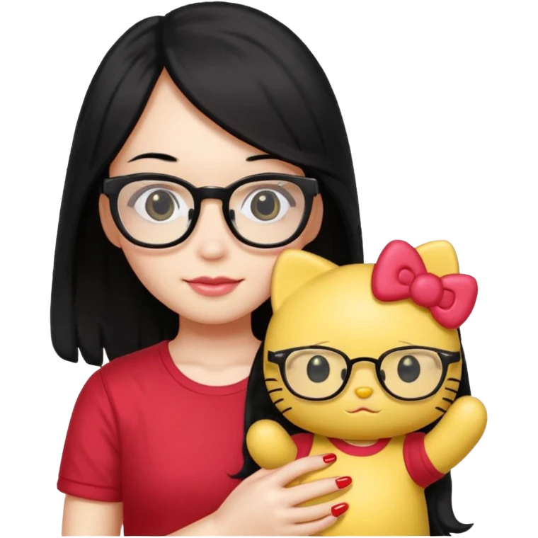 Nails cute with hello kitty wear glasses black long  hair, wear yellow shirt , red nails , big hello kitty emoji
