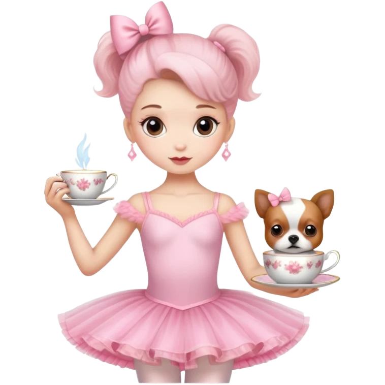 Una bailarina con ropa rosada y con tutu y con cabeza de raza de té emoji
