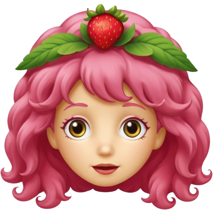 strawberry shortcake the character but with wild eyes and frizzy hair to mimic an insane person emoji