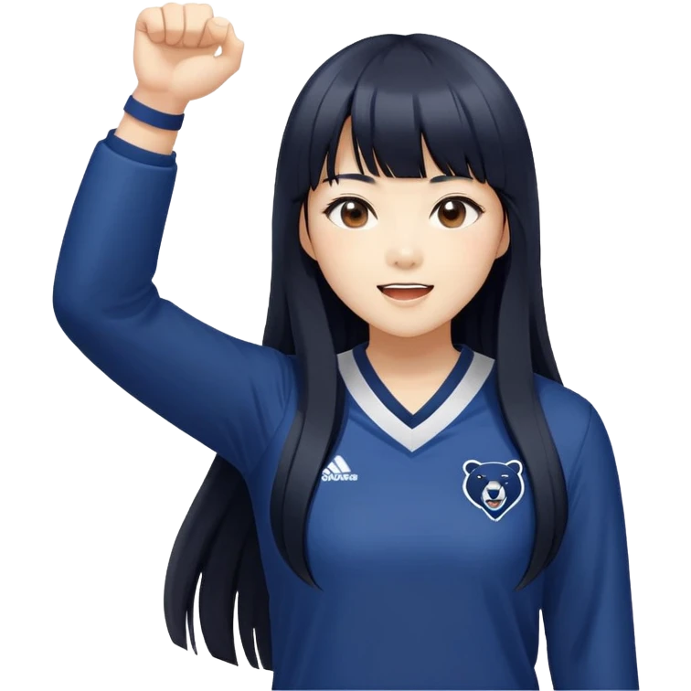 East Asian woman with long black straight hair and bangs wearing navy and white Doosan Bears team colors, cheering emoji