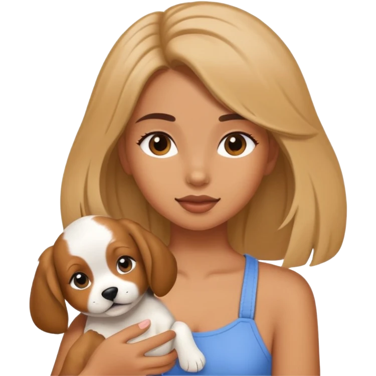 A girl doing her hair while holding a puppy  emoji
