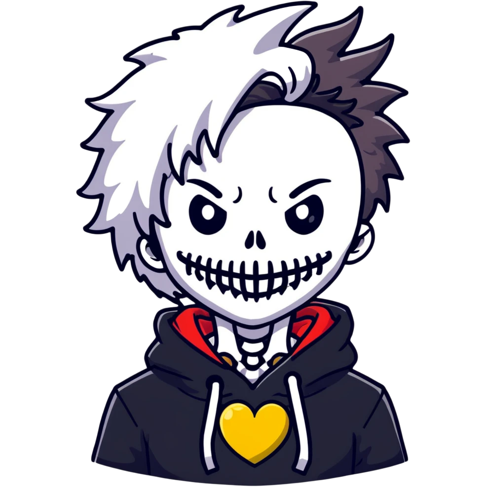 man with white and black messy hair, half face black, red horns with eyes, black hoodie fading to white, red wings, skeleton dragon behind neck, yellow heart lock necklace emoji