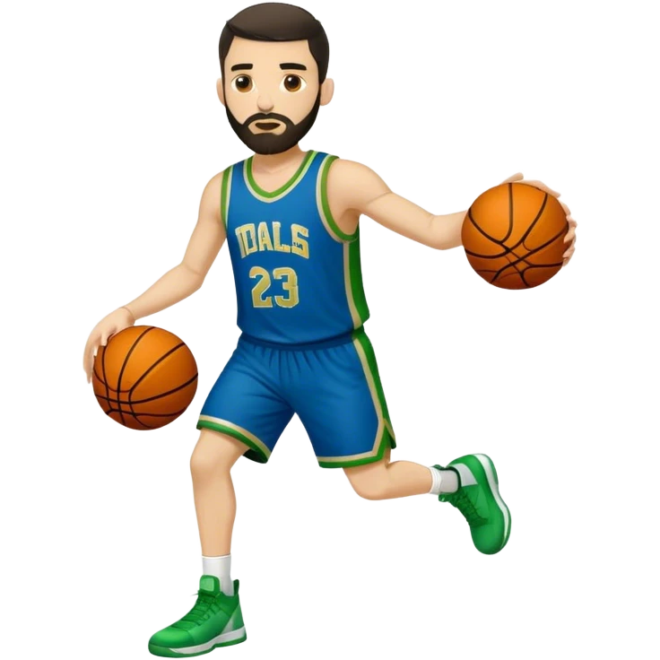 Full Body  white male basketball player with short dark hair and gold tee beard wearing blue and green uniform emoji