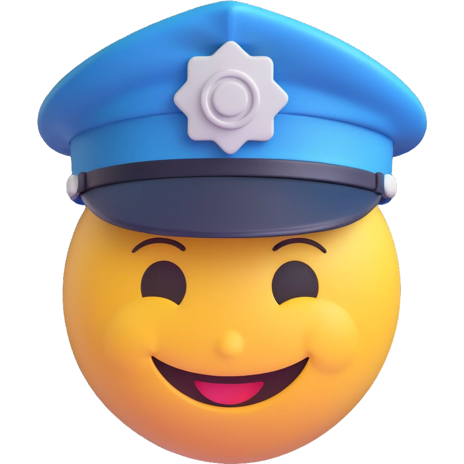 3D smiley emoji, round shape, wearing a police cap, smiling face emoji