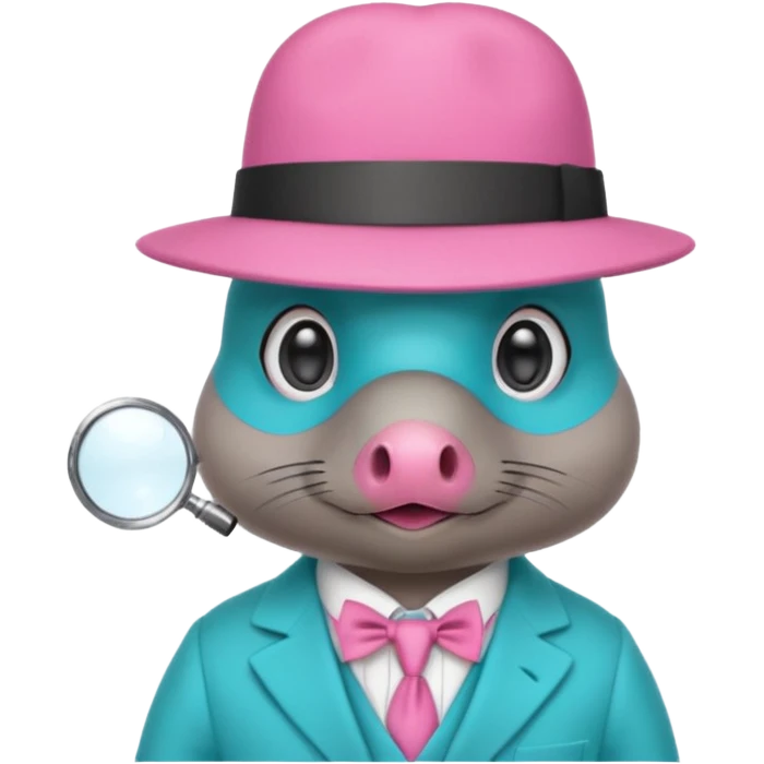 cute light blue turqiouse platypus head with a detective hat and monocle on his eye, no  hands, looks like a platypus but blue, the hat and suit are pink emoji