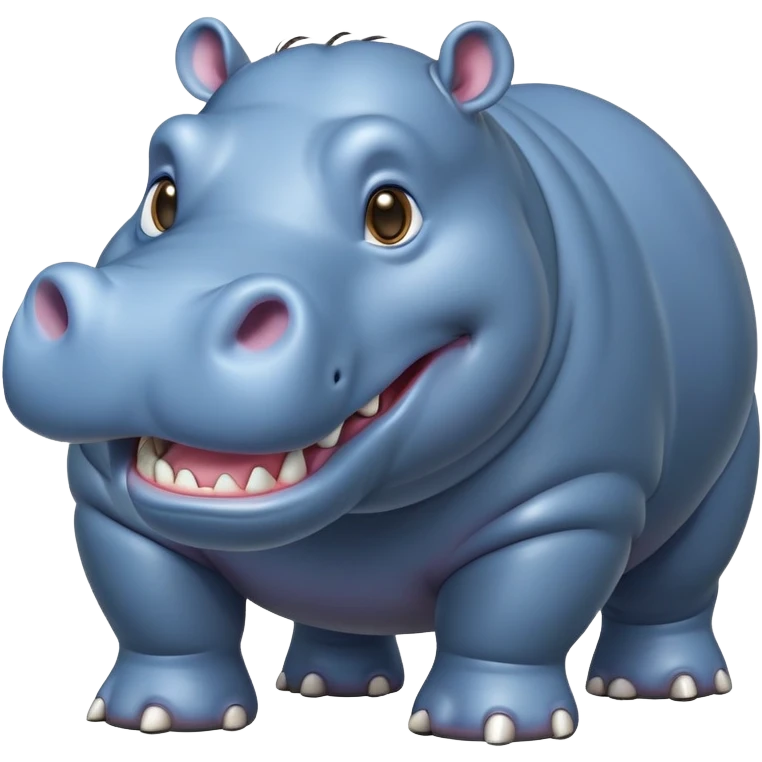 cinematic-hippo-realistic-full-body-side-view-standing-on-all-fours-emoji,-massive-round-frame,-wide-mouthed-grin-exposing-huge-teeth,-head-tilted-dramatically,-thick-greyish blue-hide-glossy, big cute eyes emoji