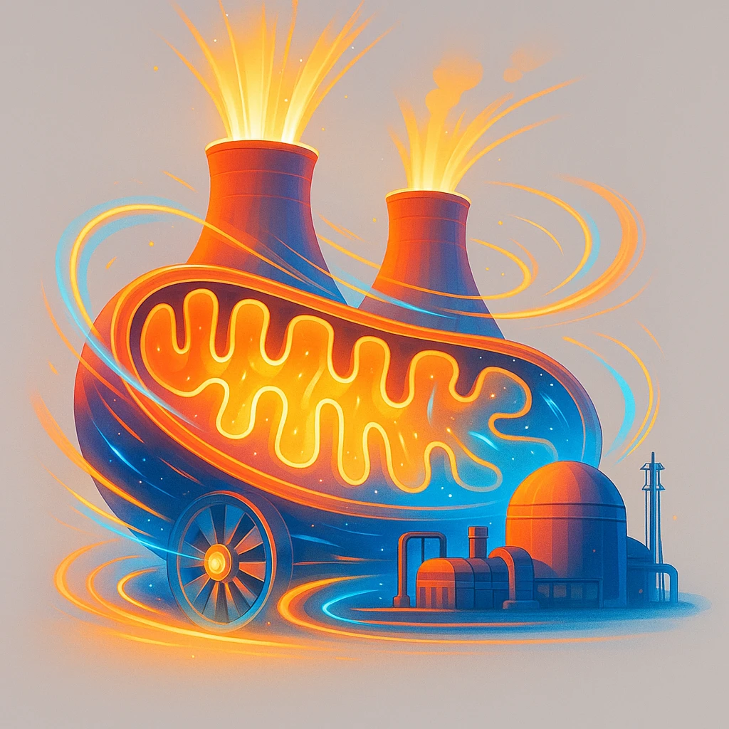mitochondria-nuclear power plant in DALL·E 3 style, creative and modern atmosphere, energetic details like light flows and turbines, bright colors, no extraneous elements, neutral background emoji