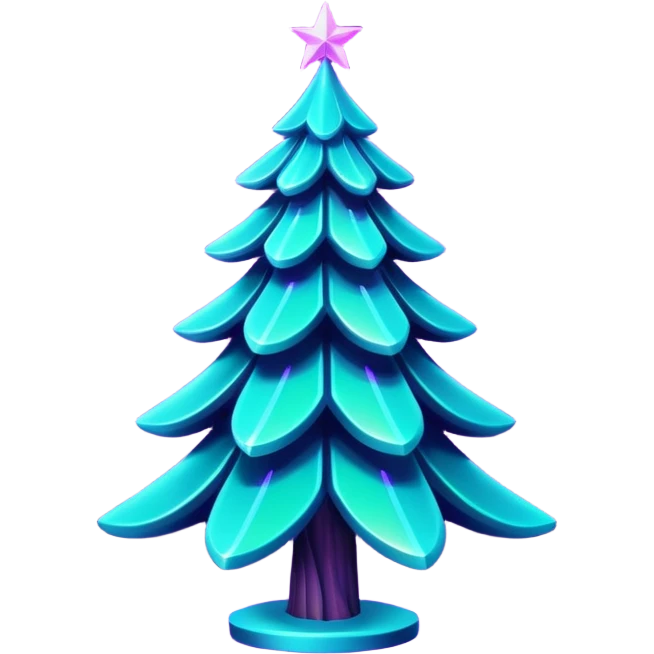 Futuristic glowing Christmas tree emoji with neon decorations, purple and cyan holographic glow, dark background, festive sparkles, no face. emoji
