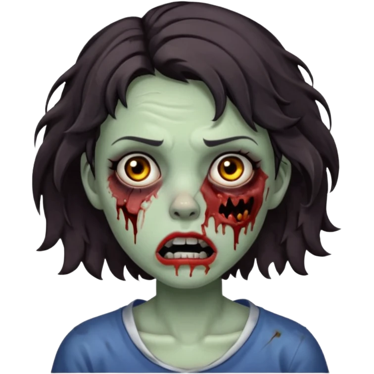 Zombie girl with bruises, she has a dark brown  short wavy hair, she has a tired expression and BLACK eyes, she has dark circles too, her mouth is ripped emoji