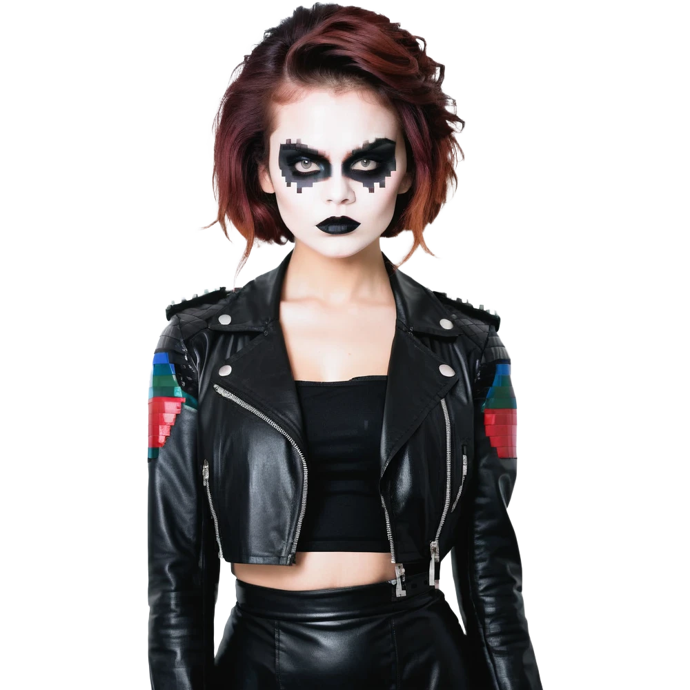 Chucky's bride wearing a black dress and black leather jacket, with dark makeup emoji