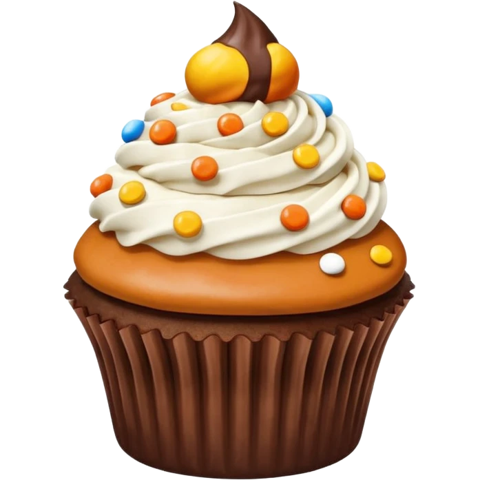 Cupcake that’s been chocolate dipped with Reese’s pieces on top emoji