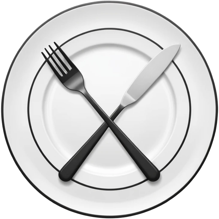 Minimalistic flat vector icon, iOS style, thin black contour on white background. Fork and knife crossed on a plate. Clean, no text, no shadows emoji