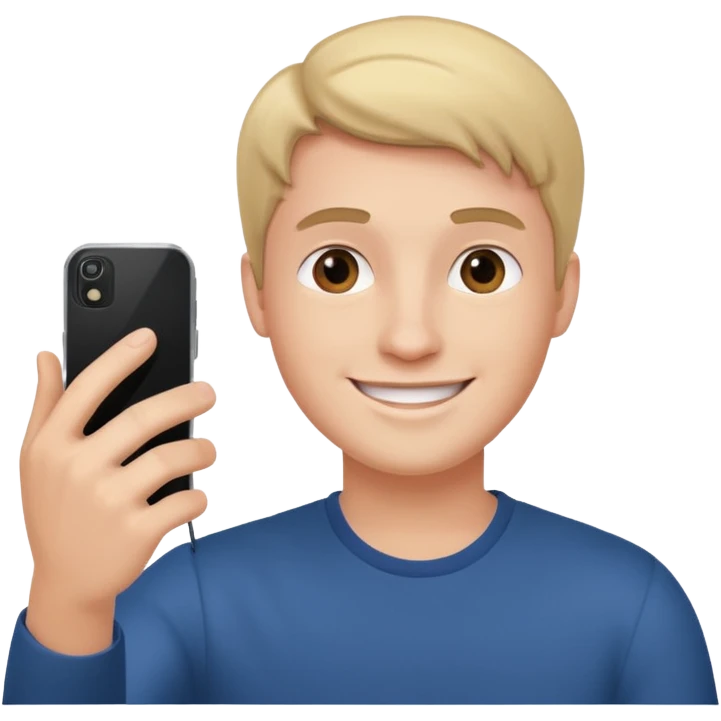 young manwith phone in histhand, happy, selfie style. @emoji emoji