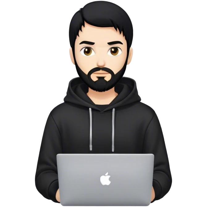 hackeur blanc cheveux noir barbe et capuche noir avec un macbook emoji