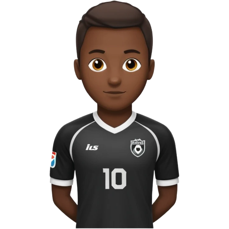 A soccer player wearing a black jersey that has white sleeves and sponsor in white in the middle of the jersey emoji