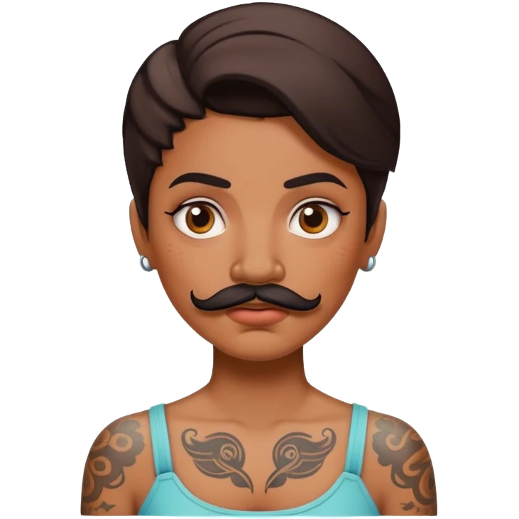 Confused woman with tattoos and a mustache emoji