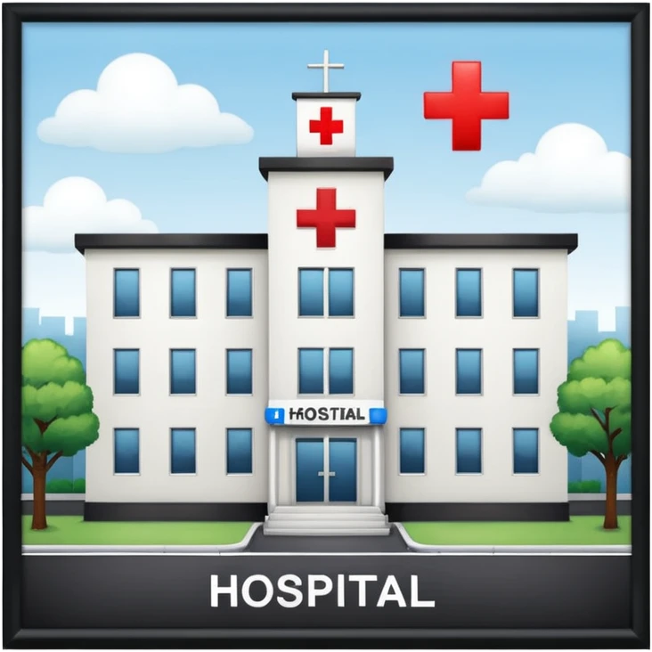 hospital outside, with text hospital and red cross emoji