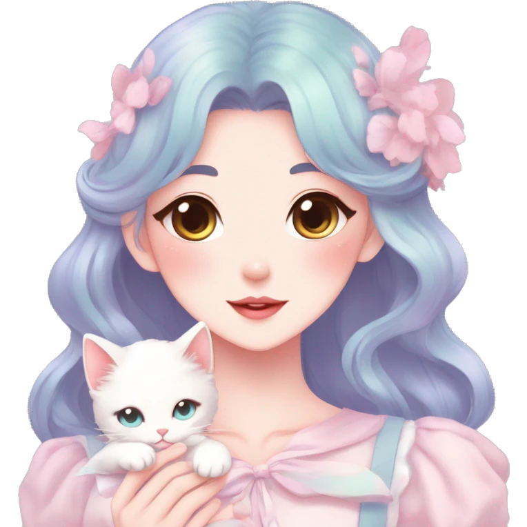 Gorgeous pastel anime style lady with blushing face and holding a kitten cottagecore fairycore pastelcore colorful pearly romantic simplistic aesthetic trending style emoji