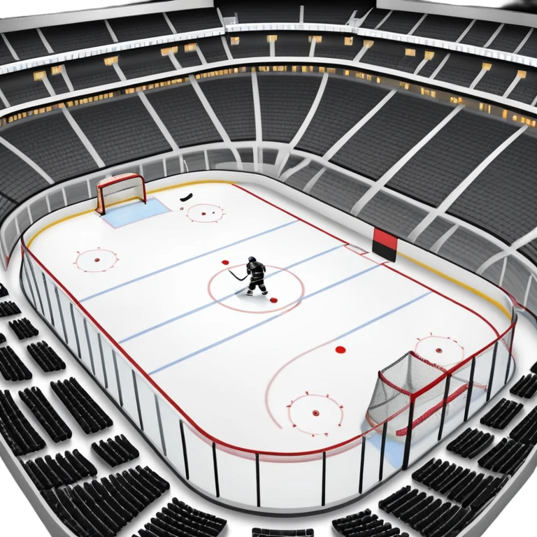 An icon showing a hockey stick, puck, skates, and goalposts on the ice. The background features a large hockey stadium with cheering fans, bright lights, and a snowy landscape visible through the arena. Transparent background highlights the main hockey equipment and atmosphere. emoji
