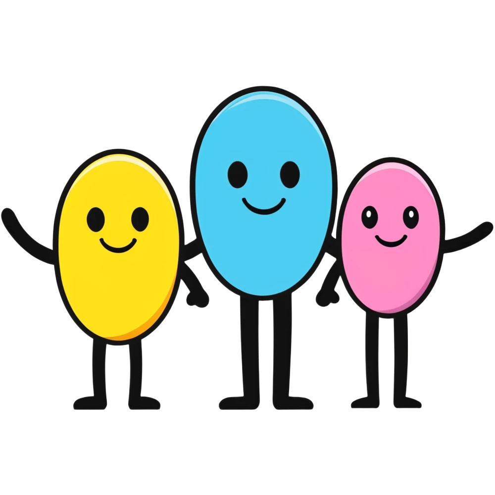 Three smiling characters standing together with complementary personality traits symbolized by different colored auras that blend harmoniously emoji