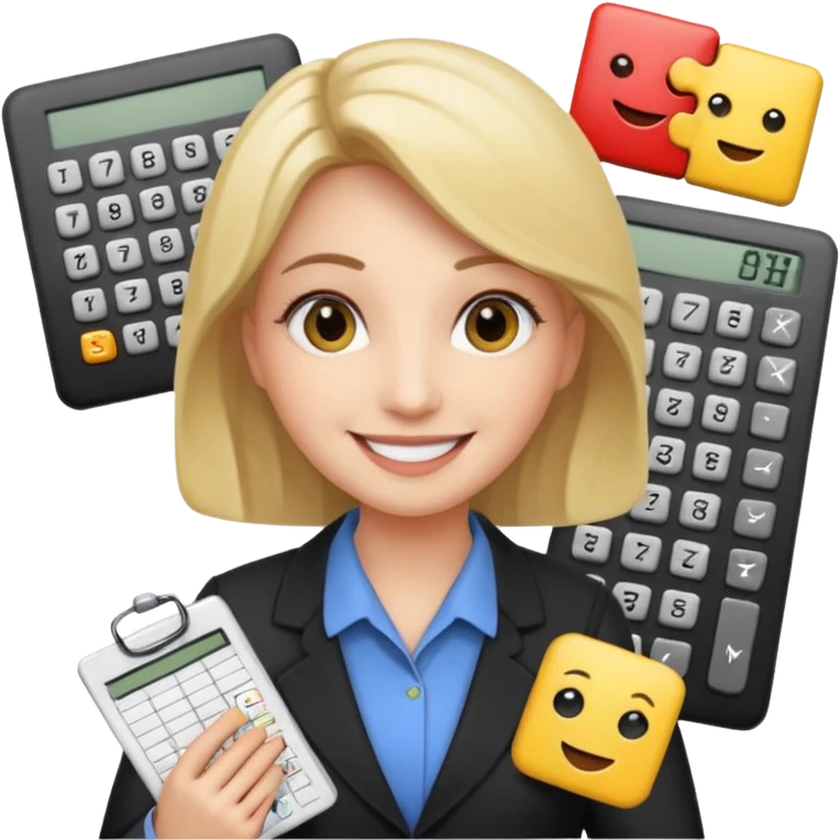 aUDITOR smiling with spreadsheet and a calculator, emoji, ADD A puzzle and a Balance for accounting emoji