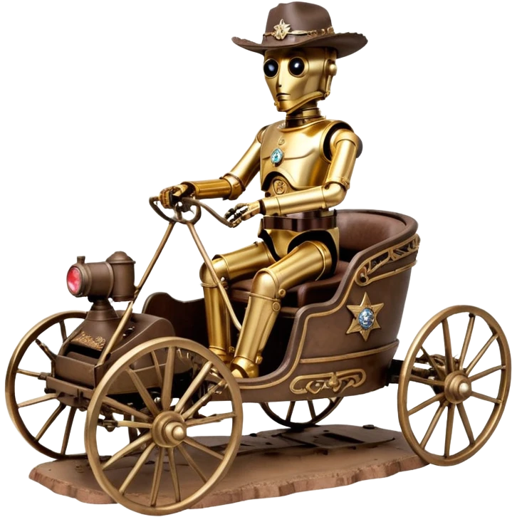 Action in Old American West tarnished C-3PO bounty policeman in 1864 delicately ornate rosegold accents painted buggy powered by electric motors and batteries with safety features and belts flying rapidly across rough dusty terrain stable on strong agile suspension  emoji