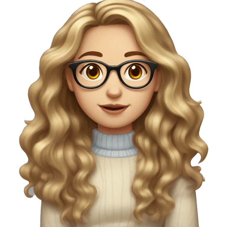 Girl with brown wavy long hair with blonde highlights, pale skin, red cheeks, brown rounded glasses, oval face, round nose and freckles   emoji