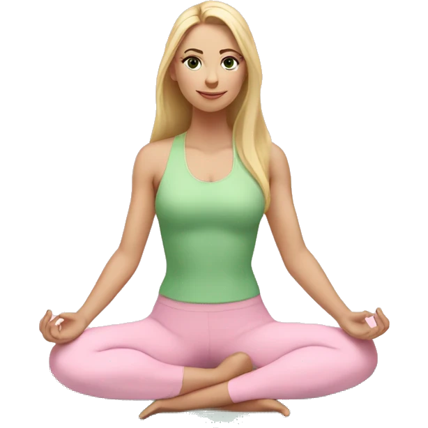 blonde long hair and green eyes yoga girl in light pink clothes sitting on a yoga mat emoji