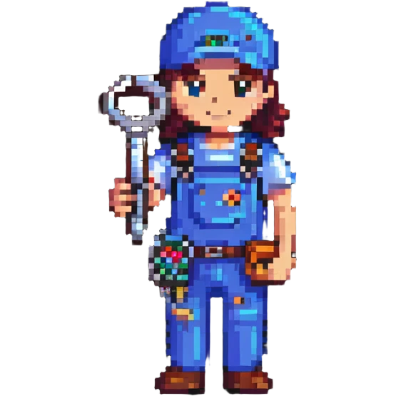 Bright colorful pixel art IT technician holding a car repair tool key emoji