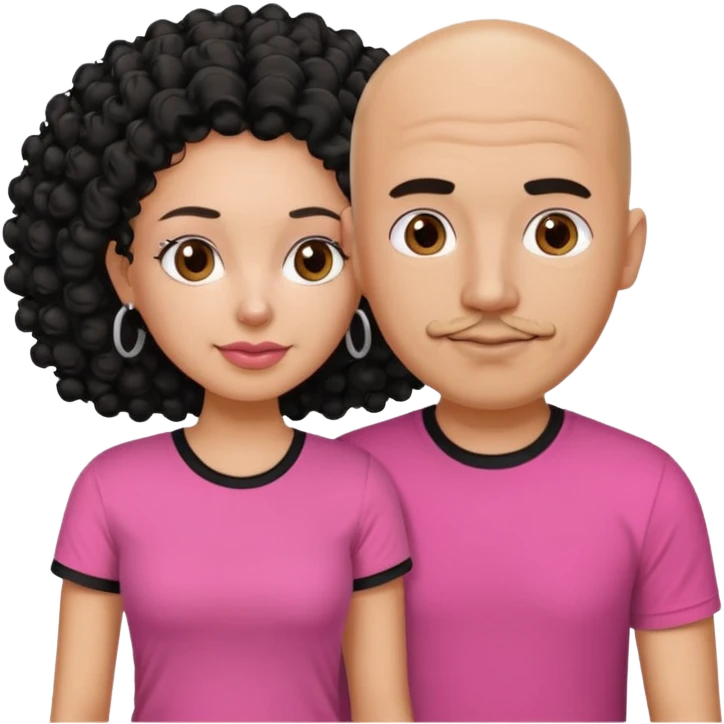 A picture if a couple, the man is a bald Mexican man with a black tee shirt on and the woman is mixed with black and white, with curly hair and a pink shirt on emoji