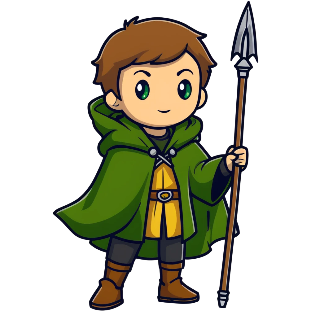 Rudeus Greyrat from Mushoku Tensei, green eyes, short light brown hair, wearing adventurer's outfit with a green cloak, holding a staff, confident and curious expression emoji