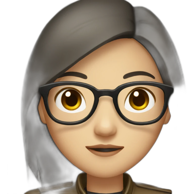 asian girl with glasses and a leather jacket with a  khaki shirt and long dark hair emoji