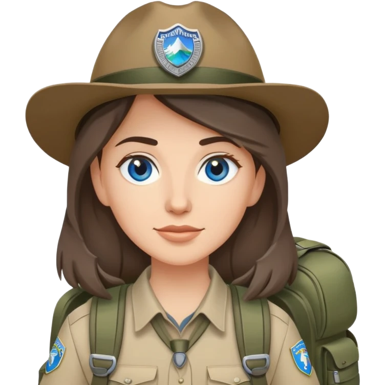 white woman park ranger with gray and brown hair, blue eyes, wearing a backpack emoji