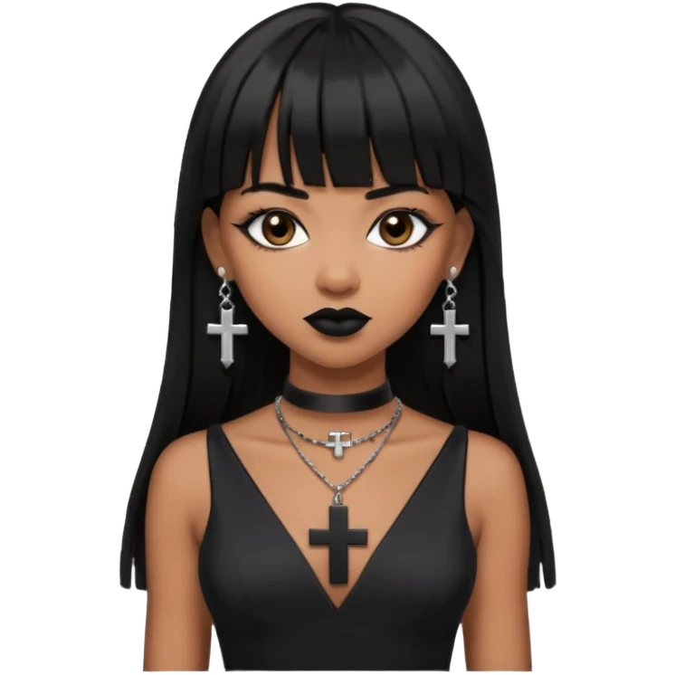 vampira parda com cabelo preto longo e liso e franja, olhos pretos, brincos em formato de cruz, choker em formato de cruz, roupa preta com decote, batom preto e sorrindo de canto emoji