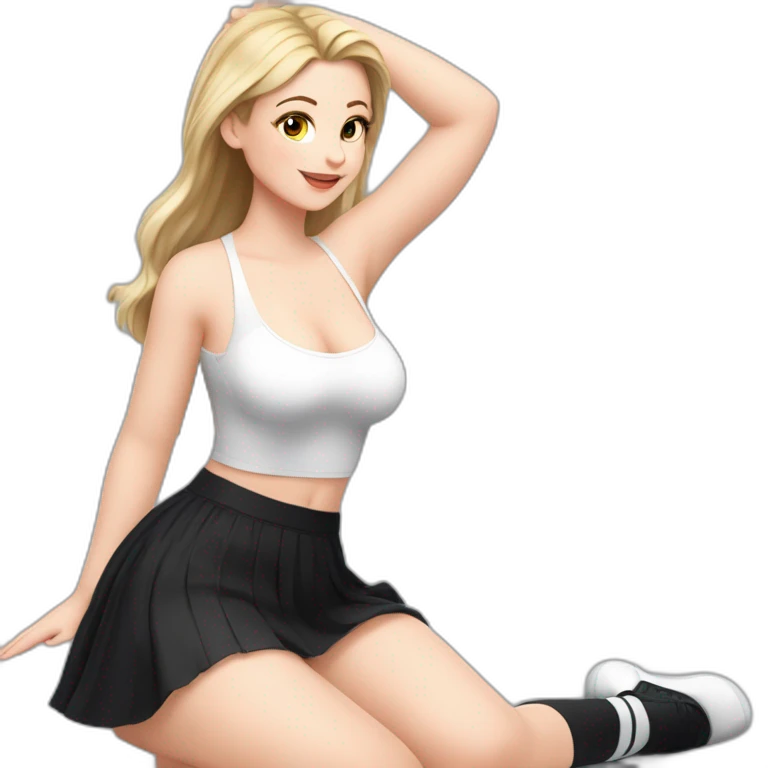 Front view full body curvy caucasian beauty sits on the floor straight hands up black skirt white knickers white socks emoji