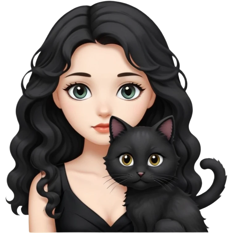 a beautiful girl with long black hair and black furry cat. She is wearing a black dress and has wave-like hair. bigger eyes and the distance between left&right eyes is closer. color of eyes are grey, no cat ears emoji
