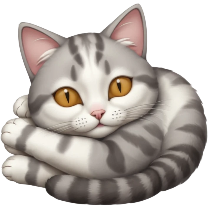 grey and white small cat with eyes closed lying down upside down with its head resting on its paw emoji