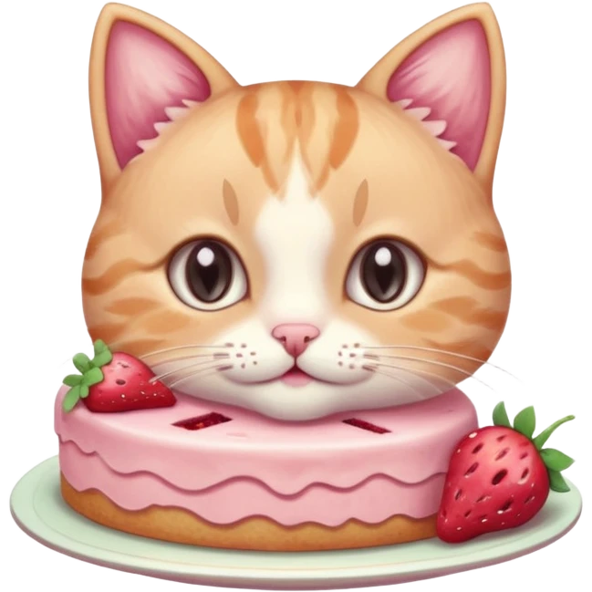 A cute cat happily eating a slice of strawberry cake, pastel color palette, soft shading, big sparkling eyes, kawaii style, highly detailed digital illustration, cozy atmosphere
, emoji
