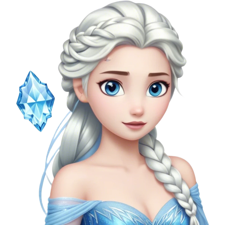 Cinematic Stunning Elsa Portrait Emoji, Ice-blue gown shimmering, platinum hair flowing in a graceful braid, piercing blue eyes glowing with icy magic, an aura of regal power and breathtaking beauty, frozen elegance at its finest! emoji