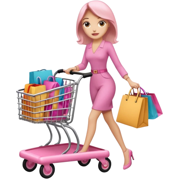 Carrinho na cor rosa cheio de compras femininas, com diversas maquiagens, roupas  emoji
