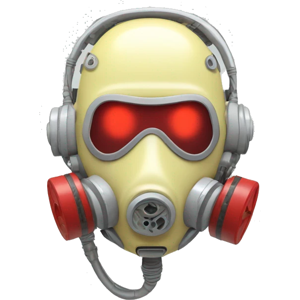 Pastel light yellow round male cyborg head with red respirator mask and circuits emoji