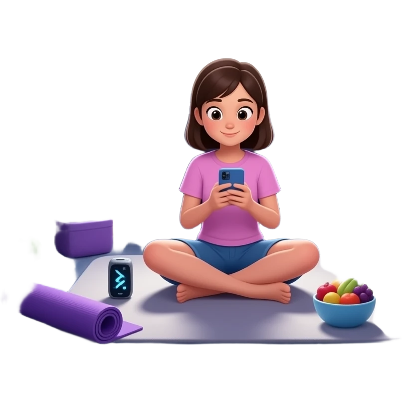 adolescente mujer sentada en el piso de una habitación desordenada tipica de adolescente, con ventana medio cerrada, colores mas bien oscuros,en el centro de una habitación, usando el celular, con elementos alrededor que representen bienestar integral: música,  movimiento, alimentación emoji