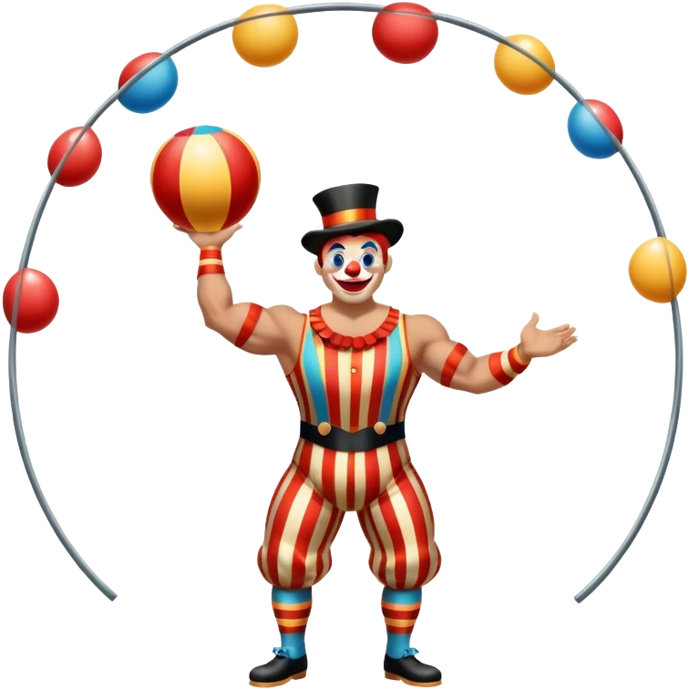 Icon for Circus Arts: a vibrant round circus arena with a strongman in a striped costume, a juggler performing and a clown entertaining the crowd. The icon should capture the energy and excitement of a circus performance. Transparent background. emoji