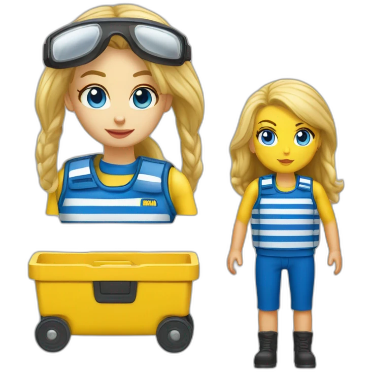 Ikea coworker blue eyes blond woman blue stripes t-shirt and yellow security vest with trolley scan emoji