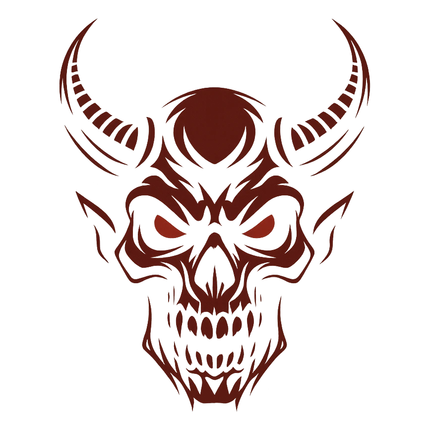 dark logo, combination of skull and horned demon, black and red colors, aggressive and impressive emoji